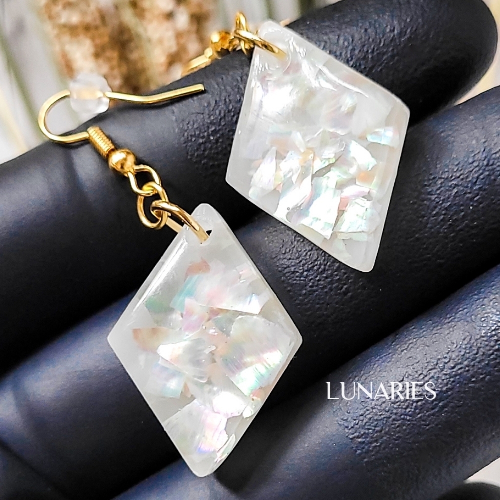 Mother Of Pear White Pearl Resin Earrings, Rhombus Dangles, Hypoallergenic, #201